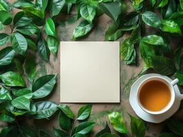 A serene composition featuring a blank canvas, a cup of tea, and lush green leaves. photo