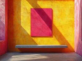A vibrant, minimalist interior featuring a colorful wall and a simple shelf for display. photo
