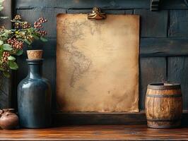 A rustic scene featuring an old map, decorative bottles, and a wooden barrel. photo