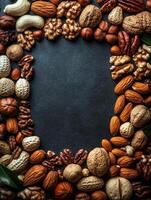 A variety of nuts and seeds arranged in a decorative border on a dark surface. photo