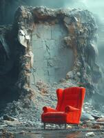 A vibrant red armchair stands alone amidst a crumbling stone wall in a desolate landscape. photo
