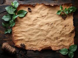 A textured, crumpled parchment surrounded by leaves and twine, ideal for crafting or notes. photo