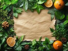 A rustic layout of green leaves and citrus fruits surrounding a blank parchment for design. photo