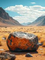 A large rock sits in a vast, dry valley surrounded by mountains and a clear blue sky. photo