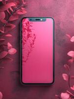 A pink smartphone on a textured surface surrounded by pink leaves. photo