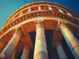 A low-angle view of ancient columns showcasing classical architecture and design. photo