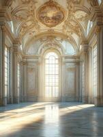 A grand, sunlit interior with ornate architecture and large windows. photo