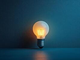 A glowing light bulb on a dark blue background, symbolizing ideas and innovation. photo