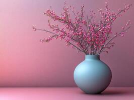 A serene arrangement of pink flowers in a minimalist blue vase against a soft gradient background. photo