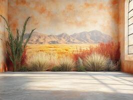 A serene interior with a landscape mural and decorative plants, evoking tranquility. photo