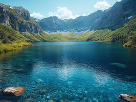 Serene lake surrounded by majestic mountains under a clear blue sky. photo