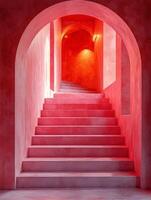 A vibrant staircase with an archway, illuminated in warm red tones. photo