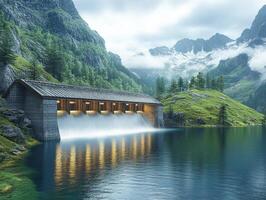 A serene dam structure surrounded by mountains and a tranquil lake. photo