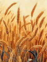 A close-up view of golden wheat stalks swaying in a field under a soft, warm light. photo