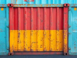 A weathered shipping container featuring a red and yellow color scheme. photo