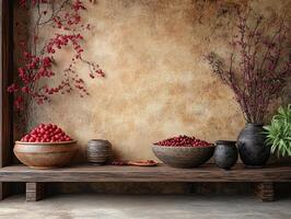 A serene display of red fruits and decorative plants against a textured wall. photo