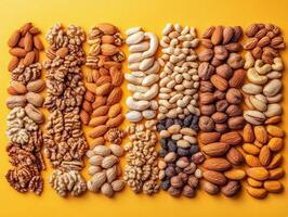 A colorful assortment of various nuts arranged neatly on a vibrant yellow background. photo