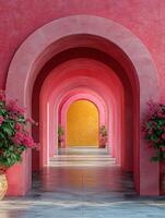 A vibrant corridor with arches and potted flowers leading to a warm, inviting space. photo