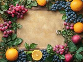 A decorative frame of fresh fruits and greenery on a textured background. photo