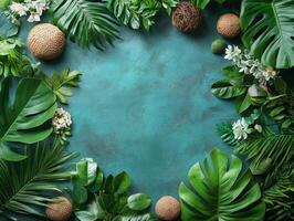 A vibrant arrangement of tropical leaves and decorative elements on a teal background. photo