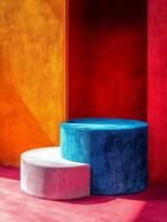 A vibrant arrangement of circular stools against a colorful backdrop. photo