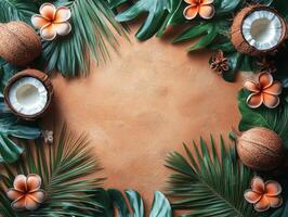 Tropical-themed flat lay with coconuts, flowers, and leaves on a textured background. photo