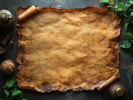 An aged, textured parchment with a rustic appearance, surrounded by natural elements. photo