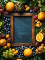 A wooden frame surrounded by various fruits and leaves, ideal for a fresh food display. photo