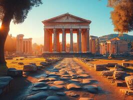 Ancient ruins with towering columns and a serene landscape at sunset. photo