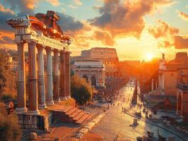 A stunning sunset view of ancient Roman ruins, highlighting historical architecture and vibrant sky. photo