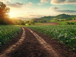 A serene rural landscape with a dirt path leading through green fields at sunset. photo