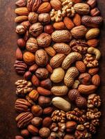 A variety of nuts arranged aesthetically on a textured surface. photo
