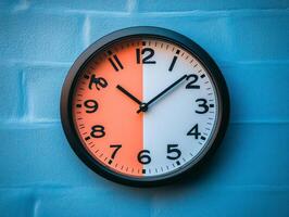 A round wall clock with a half orange and half white face, indicating the time clearly. photo