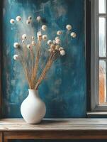 un minimalista florero con seco flores en contra un texturizado azul muro, mejorando interior decoración. foto