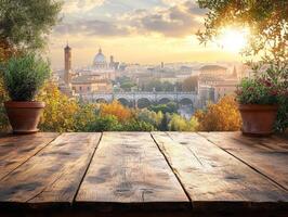 A scenic view of Rome at sunset with potted plants and a wooden table in the foreground. photo