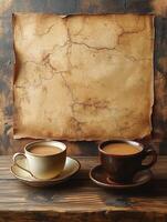Two cups of coffee beside an aged, cracked parchment on a wooden surface. photo