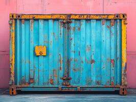 A weathered blue shipping container with yellow accents against a pink background. photo