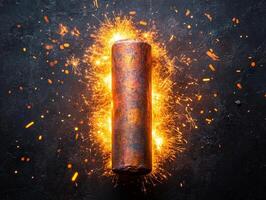 A cylindrical object surrounded by sparks, suggesting energy or creativity. photo