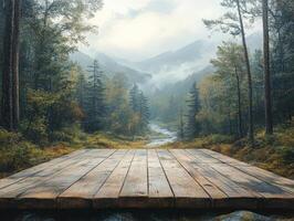 A serene forest landscape with a wooden platform overlooking a tranquil river. photo