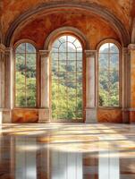 A spacious interior with large windows showcasing a lush green landscape outside. photo