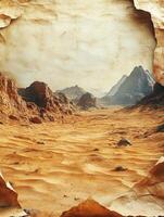 A desert landscape with mountains, framed by torn paper, evoking a sense of exploration. photo