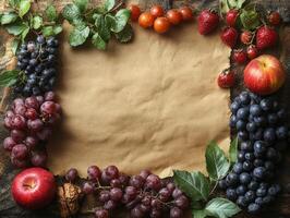A rustic layout featuring various fruits surrounding a blank parchment for creative use. photo
