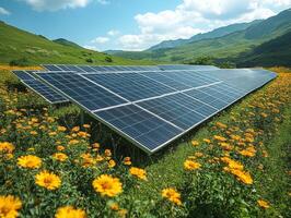 Solar panels installed in a vibrant field of yellow flowers under a blue sky. photo