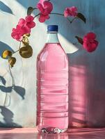 A pink liquid-filled bottle surrounded by vibrant flowers against a colorful backdrop. photo