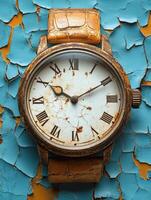 An antique watch with a cracked face and worn leather strap against a textured blue background. photo