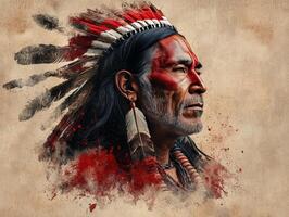Portrait of a Native American man adorned with traditional attire and face paint. photo
