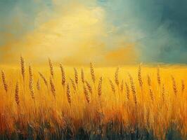 A vibrant landscape of golden wheat swaying under a serene sky at sunset. photo