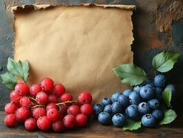 A rustic display of red currants and blueberries beside a blank parchment for text. photo
