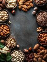 A variety of nuts and seeds arranged in bowls on a textured surface, ideal for healthy snacking. photo