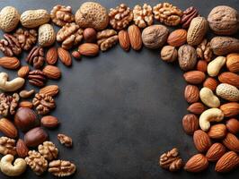 A variety of nuts arranged in a decorative border on a textured surface. photo